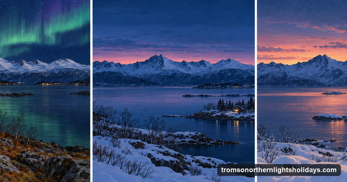 Illustration: the same fjord near Tromsø shown in three bands, an autumn evening with dark water and a green aurora, a polar-night midday in deep blue twilight, and a late-winter evening with snow and a pink sunset