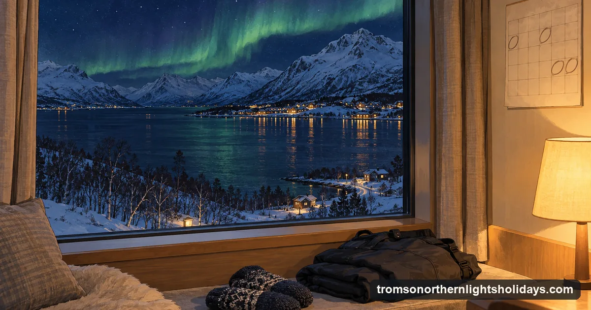 Illustration: a hotel window in Tromsø at night with a wall calendar beside it, four evenings marked, a faint green aurora above the snowy mountains across the strait