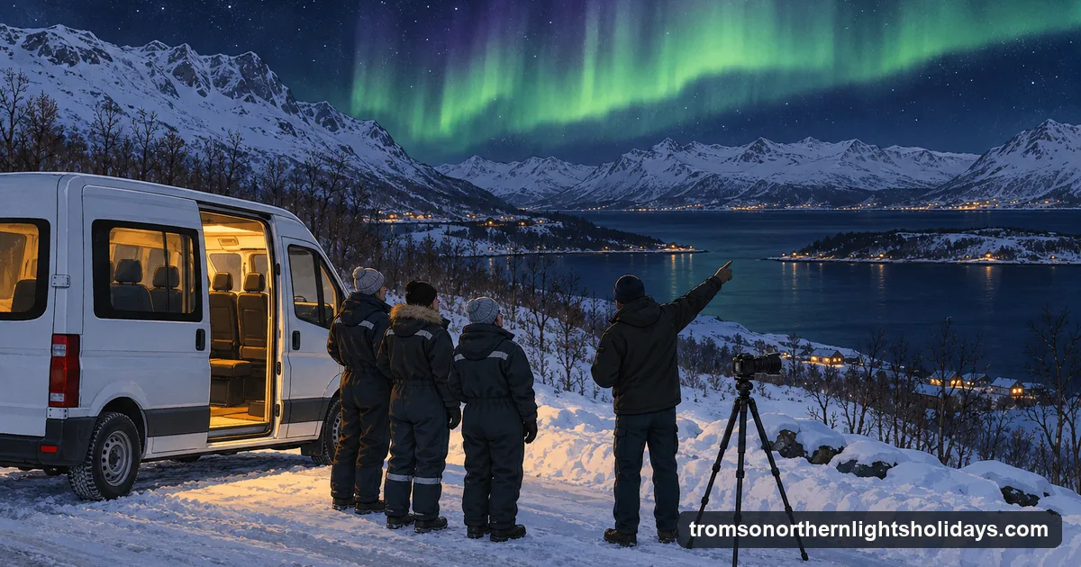 Illustration: a group of guests in dark thermal suits standing by a parked minibus on a snowy roadside at night, one guide pointing at a faint green aurora above a mountain ridge, a tripod set up in the snow