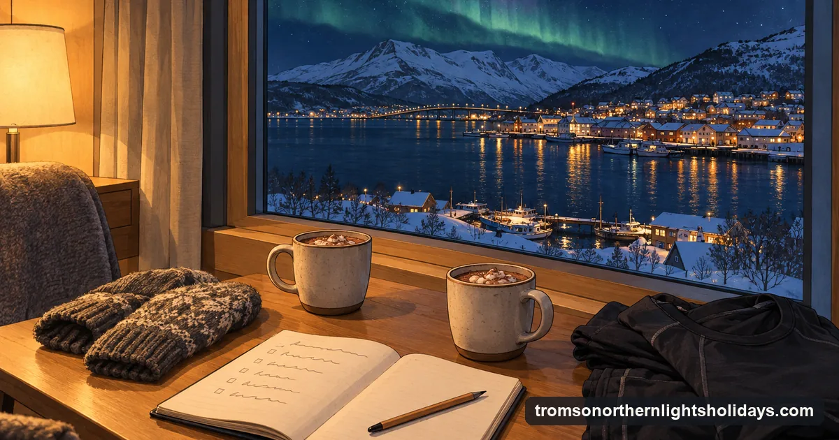 Illustration: a wooden table by a window in a Tromsø hotel room at night, a notebook with a short list, two mugs, a pair of mittens and a folded thermal suit, the harbour lights outside