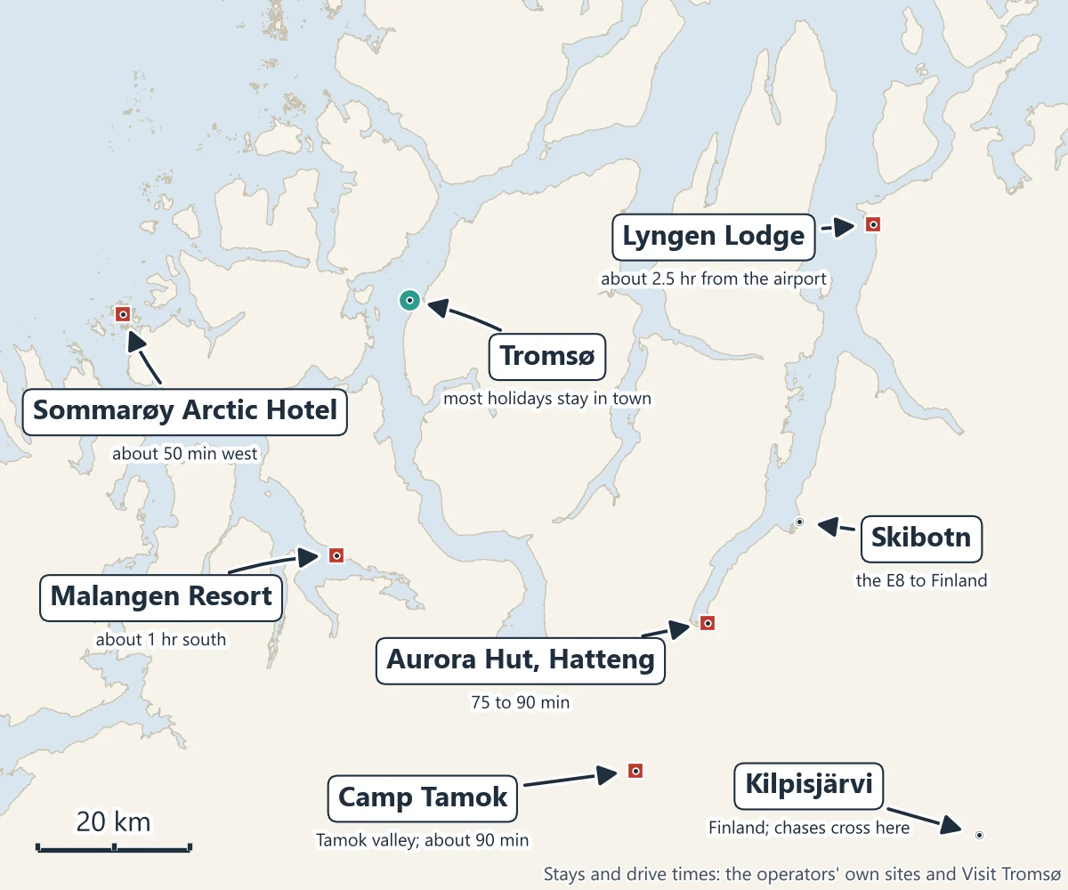 Map of Tromsø and the country around it with the places to stay for a northern lights holiday: Tromsø, Sommarøy Arctic Hotel to the west, Malangen Resort to the south, Camp Tamok in the Tamok valley, the Aurora Hut at Hatteng, Lyngen Lodge, and Skibotn and Kilpisjärvi on the road into Finland