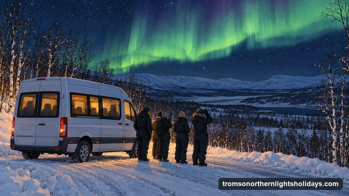 Illustration: a minibus parked on a snowy road through a wide inland valley of low birch forest at night, a group of guests in dark thermal suits watching a bright green aurora, a clear starry sky