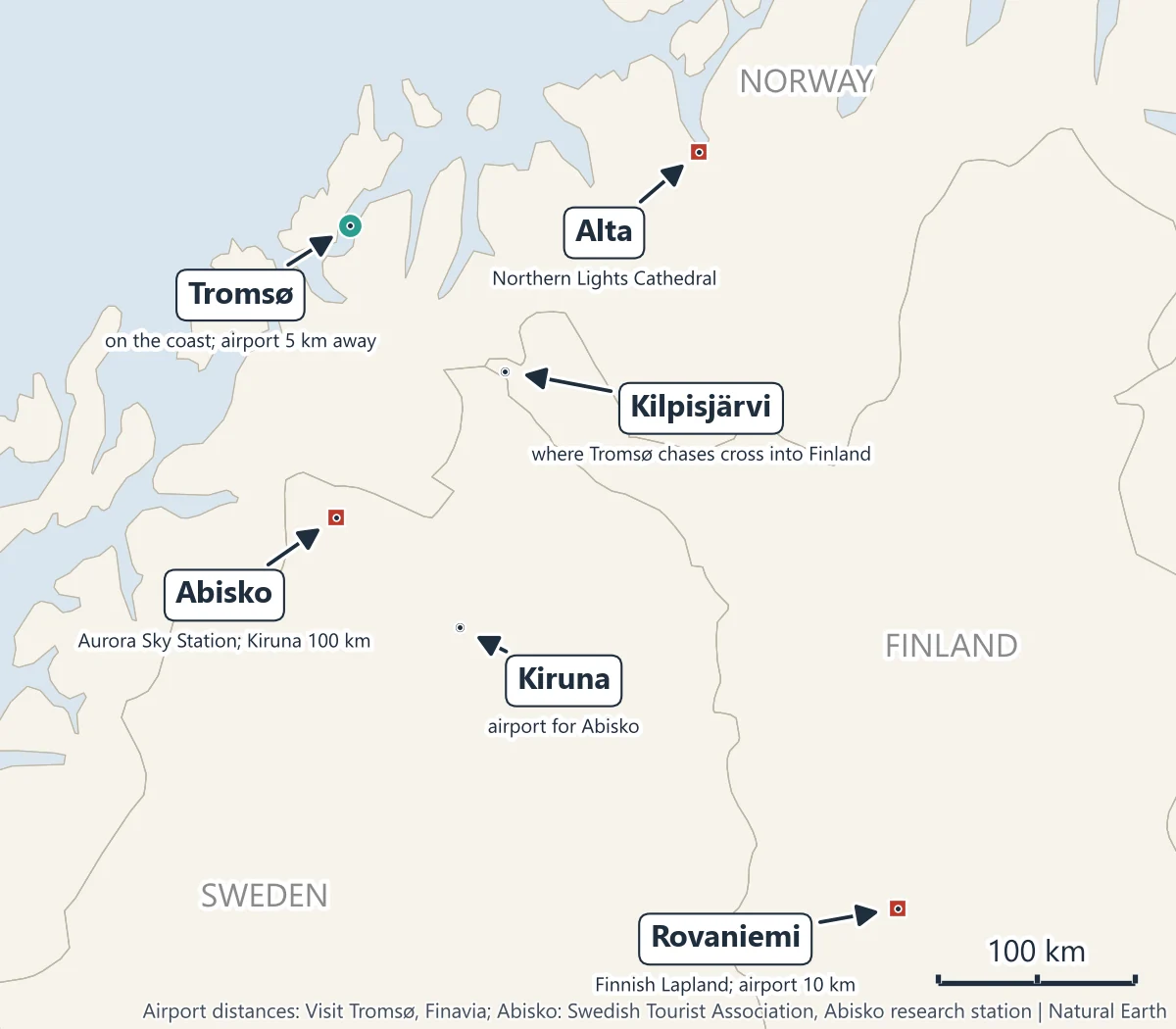 Map of northern Norway, Sweden and Finland comparing northern lights bases: Tromsø on the Norwegian coast, Alta to the north-east, Abisko and Kiruna in Swedish Lapland, Rovaniemi in Finnish Lapland, and Kilpisjärvi on the Finnish border where Tromsø chases cross