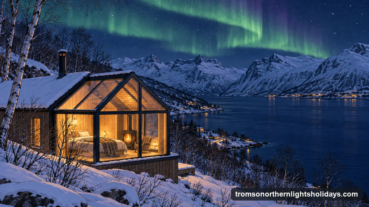 Illustration: a small timber cabin with a glass-roofed bedroom on a snowy slope above a dark fjord, warm light inside, a faint green aurora overhead and white mountains across the water